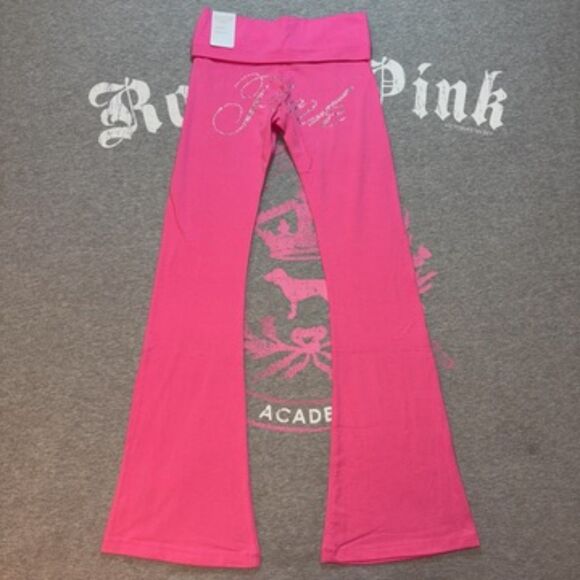 NWT Victoria’s Secret PINK Foldover Flare Leggings Carmine Rose Rhinestone Bling - Picture 3 of 8
